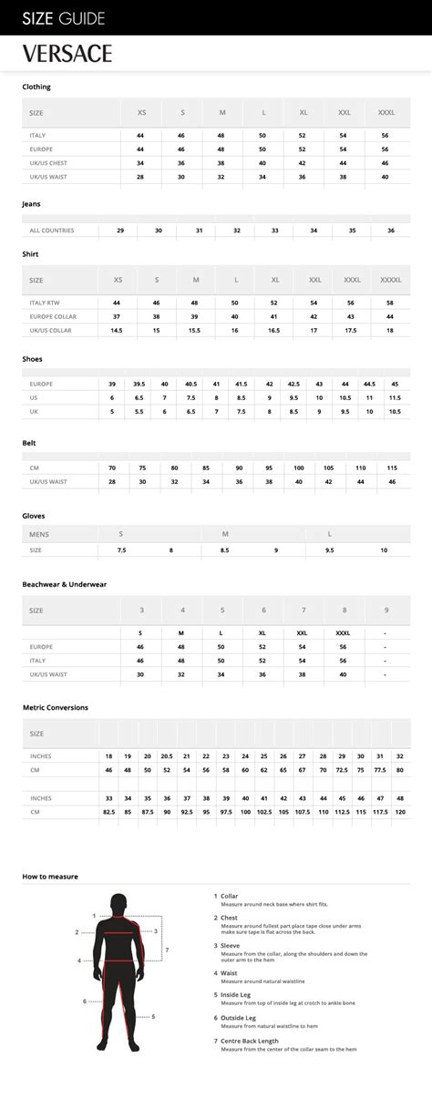 versace collection mens size chart